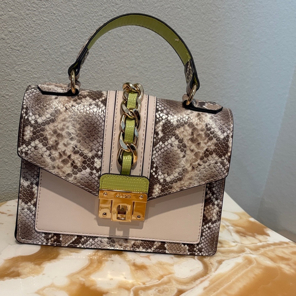 Snakeskin Pattern Handbag with Gold Accents
